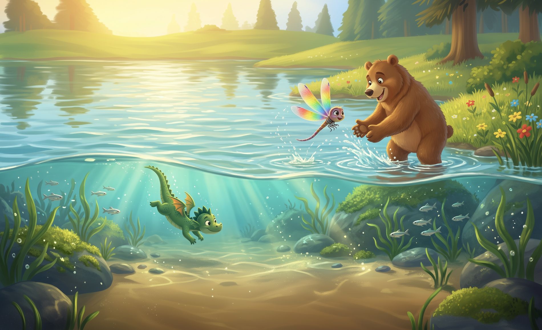 Die Welt von Happy Lo: der kleine Drache Finn taucht durch einen glitzernden See, ein freundlicher Bär und eine Regenbogen-Libelle am Ufer.